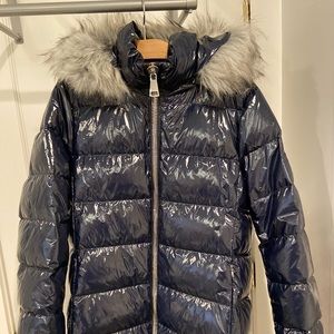 Navy blue DKNY Down Coat with faux fur collar